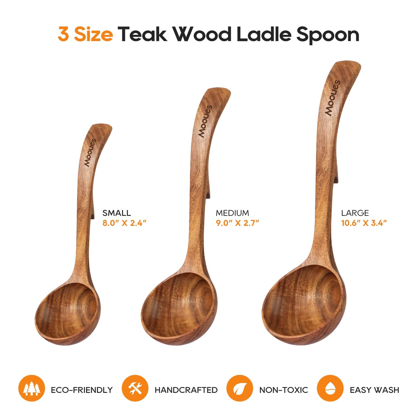 Wooden Ladle for Soup, 3 Size Teak Wood Ladle Spoon with Back Hooks, Heat Resistant Wooden Spoons for Cooking, Non-Stick, Comfortable Grip, Wood Kitchen Utensils Set for Serving, Stirring