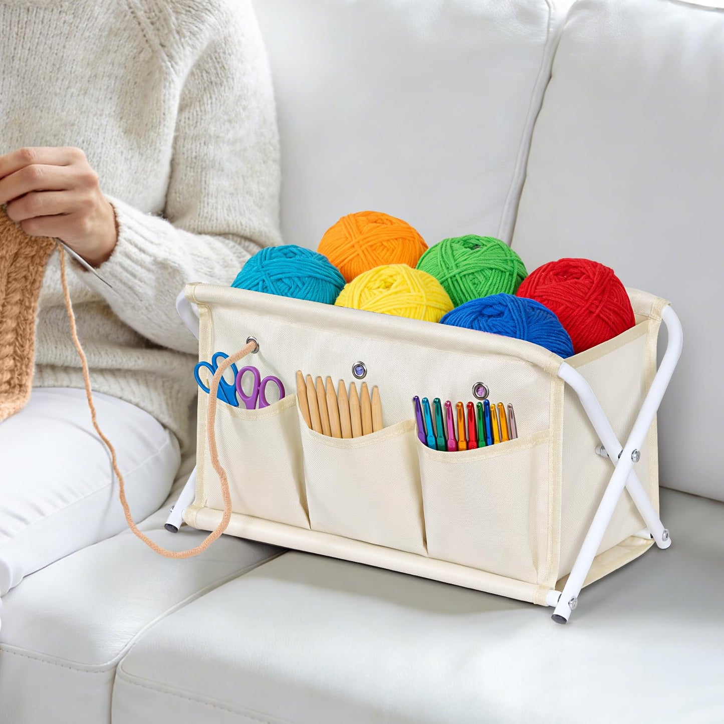 KEEGH Large Capacity Yarn Storage Organizer, Installation-Free Yarn Caddy with 3 Pockets Crochet Bag Organizer for Crochet Hooks, Knitting Needles, Accessories