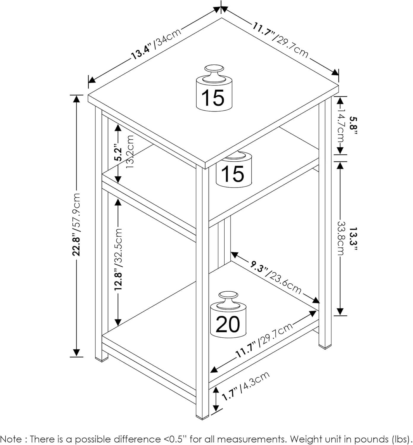 3-Tier Furinno JUST Side Table, Metal Frame Modern End Table with Open Shelf, Night Stand, Bedside Table, for Living