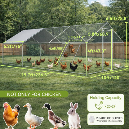 COMHOMA 19.7×10×6.6FT Large Metal Chicken Coop with Roosting Perch,Walk-in Chicken Run with Waterproof Roof & Lockable Door,Outdoor Poultry Cage for Hens,Ducks,Rabbits