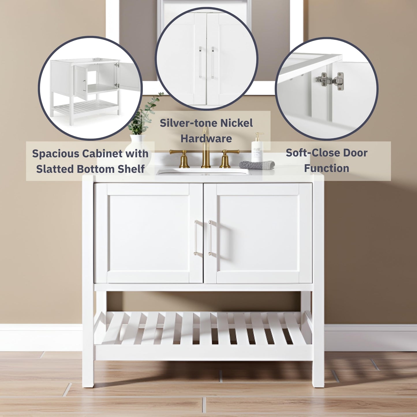 Alaterre Furniture Bennet Bathroom Vanity Without Sink – 36" Freestanding Wood Vanity Cabinet with Soft-Close Shaker Doors, Single Sink Base (White)
