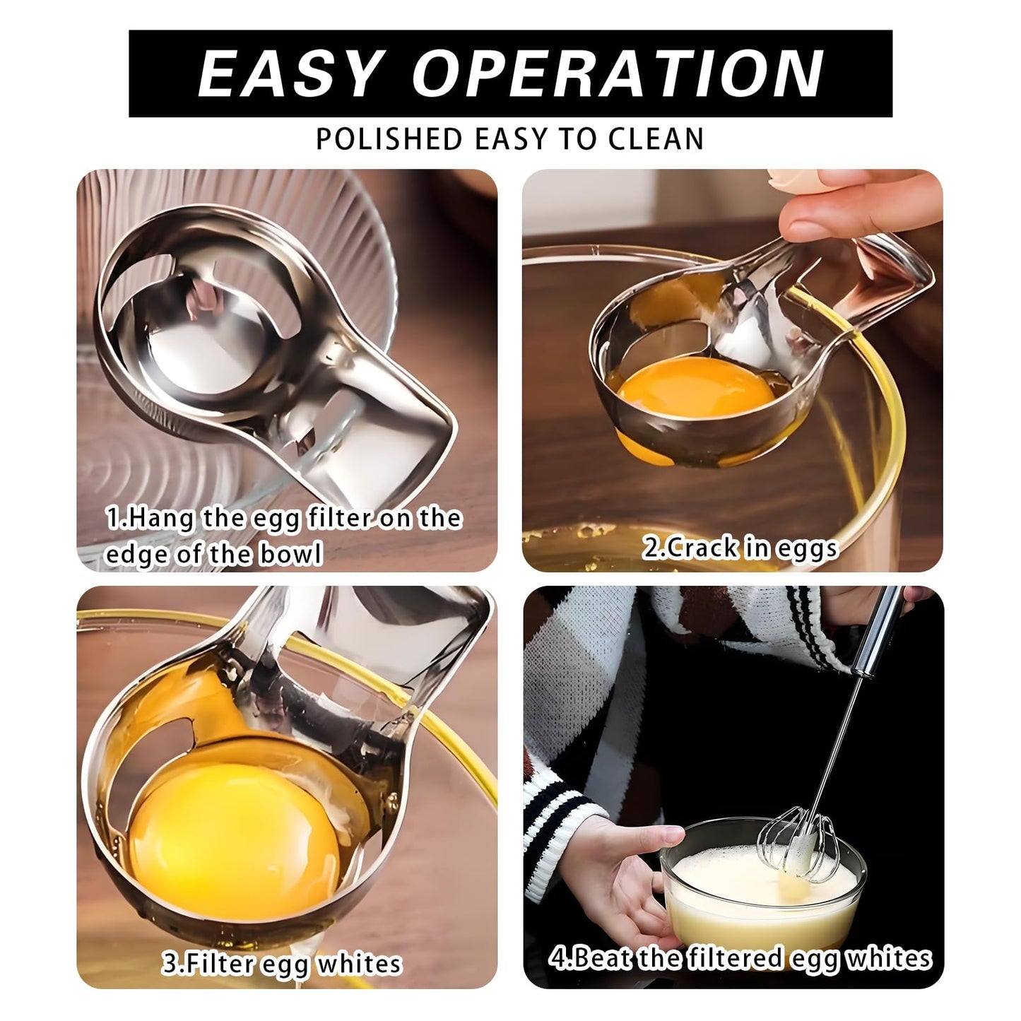 316L Stainless Steel Egg White Separator & Semi-Automatic Whisk Set - Hands-Free Clip Design, Corrosion-Resistant Kitchen Tools for Baking, Durable Egg Yolk Separator with Bowl Rest