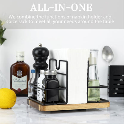 Napkin Holder for Table, Rotating Metal Napkin Holder with Salt and Pepper Shakers, Rotating Standing Napkin Dispenser for Kitchen Dining Table Decor, Not Including Salt and Pepper Shakers - Black