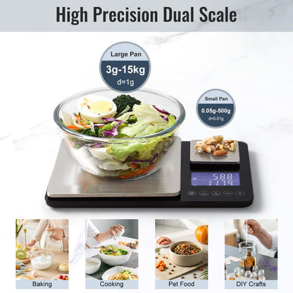 KitchenTour Dual Platform Food Scale, 0.001oz/33lb Precision Smart Kitchen Scales Digital Weight Grams and Ounces for Home Cooking Baking Meal Prep Sourdough Bread, Stainless Steel