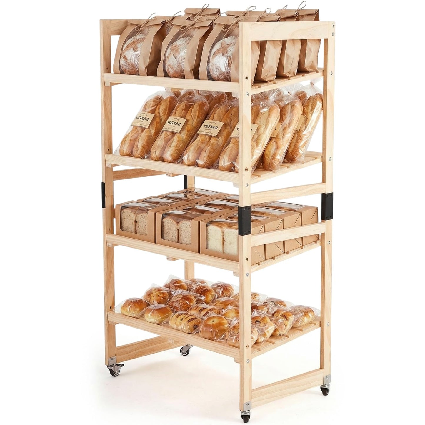 AceOrbit 55" x 30" x 18" 4 Tier Wood Bakery Bread Rack with Angled Shelves Bread Fruit Vegetable Display Shelf Stand for Shop, Pantry, Office, Grocery, Supermarket, Kitchen Organizer