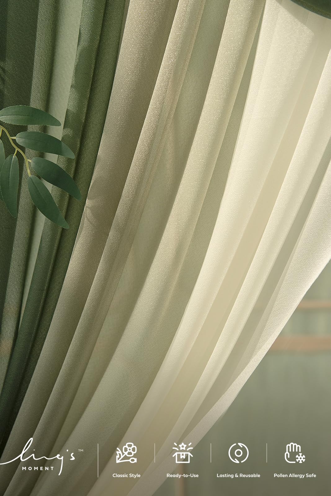 Ling's moment Wedding Arch Flowers with Sheer Drapes Kit - Artificial Spring Green Rose Floral Arrangements for Ceremony Backdrop, Arbor Decor, 5-Piece Set (2 Flower Stems + 3 Hanging Drapes)