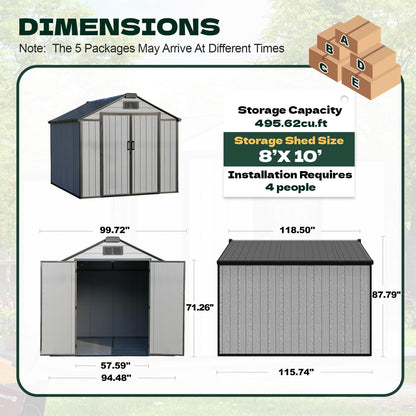 DNYKER 8 x 10 FT Resin Outdoor Storage Shed with Floor, Plastic Outdoor Storage Tool Shed with Windows and Lockable Door, Patio Garden Shed for Lawnmower, Bike, Pool Supply