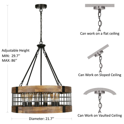 ACNKTZ 6-Light Farmhouse Chandelier for Entryway, Rustic Dining Room Light Fixtures, Industrial Drum Hanging Lighting for Kitchen Island Foyer, Black Wood and Black Metal Finish
