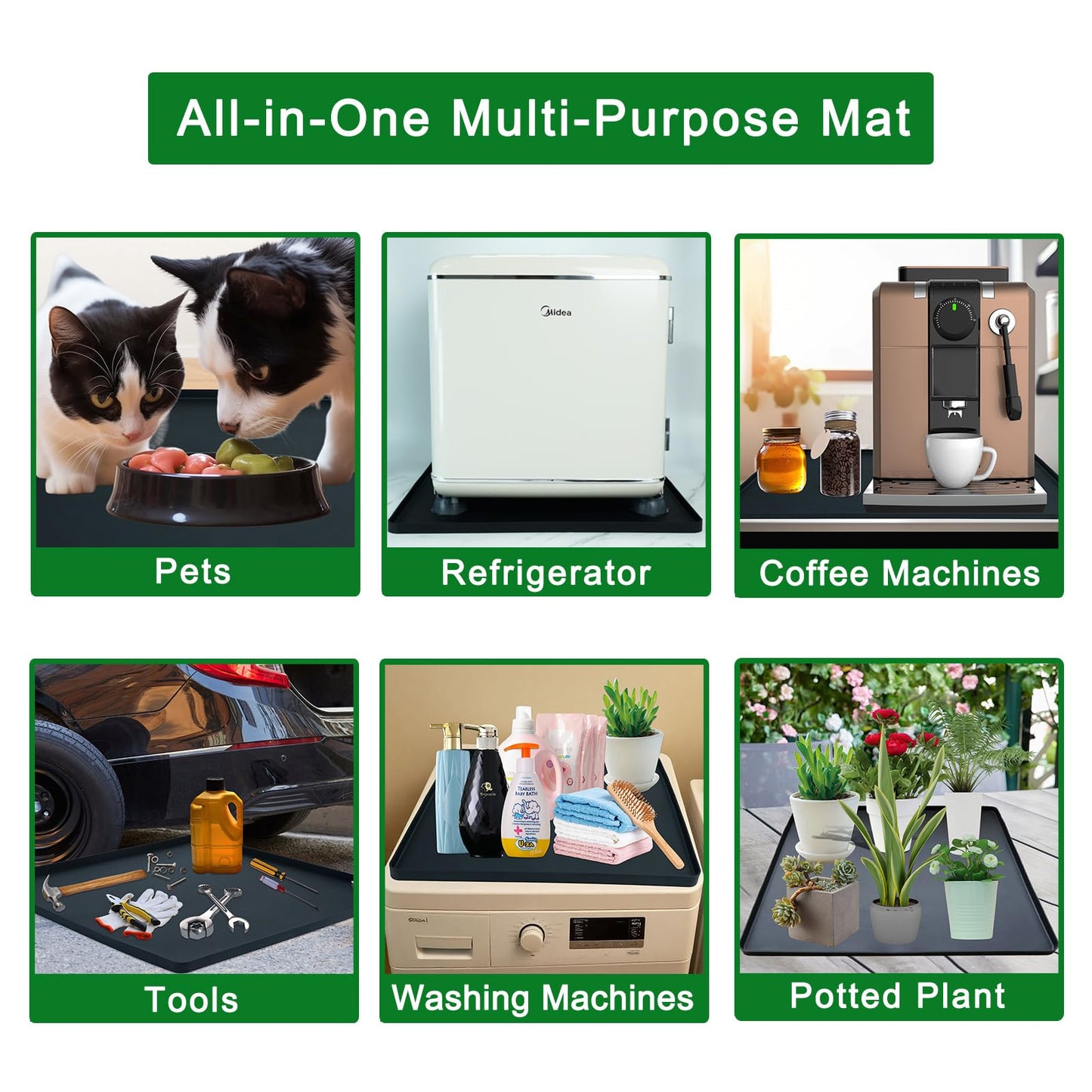 Mini Fridge Silicone Mat with 4 Base Raisers, 23.6"x23.6" Under Refrigerator Drip Pan Floor Protector - 0.8" Raised Edge Prevents Water Leaks & Floor Damage for Fridge, Washer, Dryer, Wine Cooler