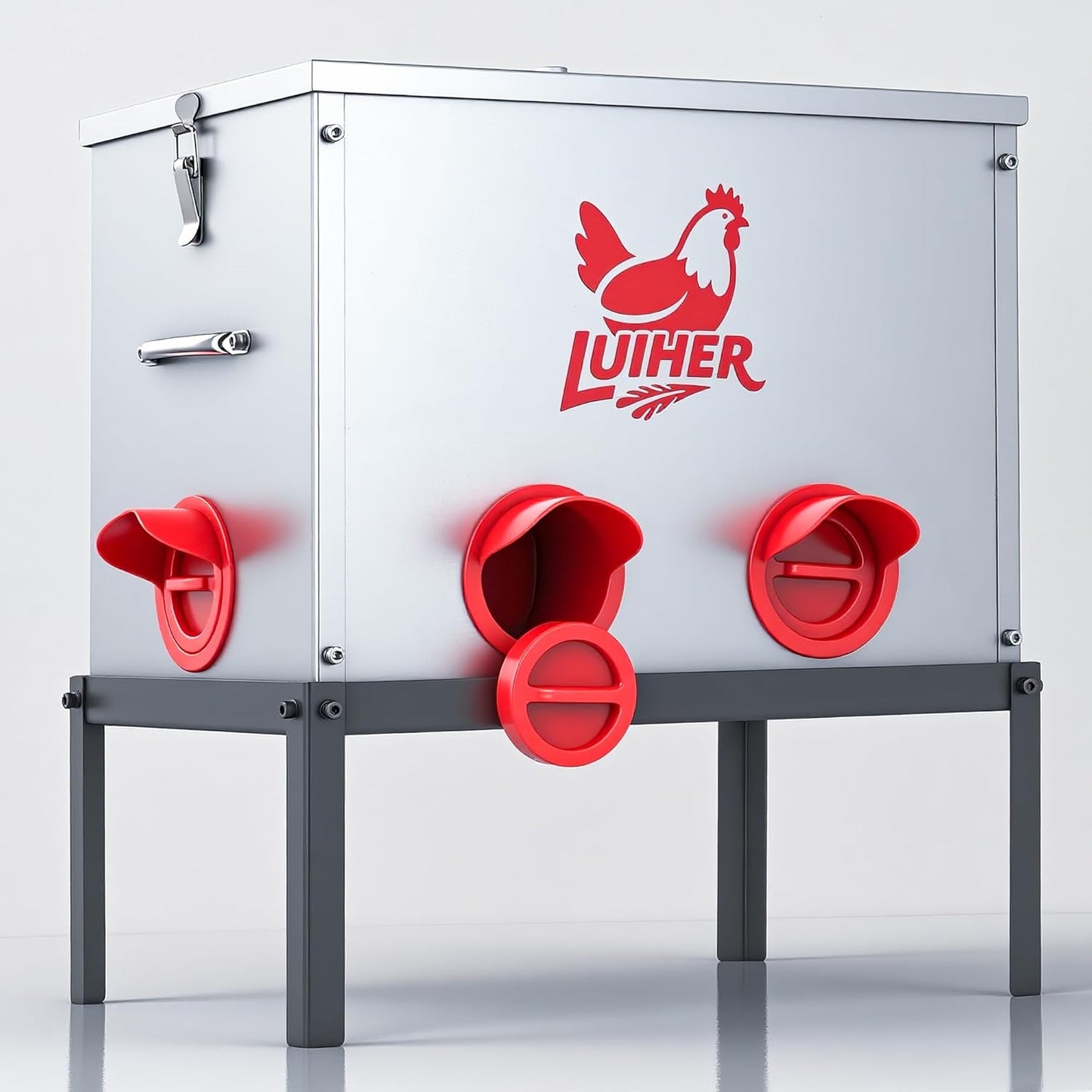 LUIHER 40lb 6 Chicken Food Dispenser Ports Large Capacity Galvanized Metal Poultry Feeder with Legs and Lids - Reduces