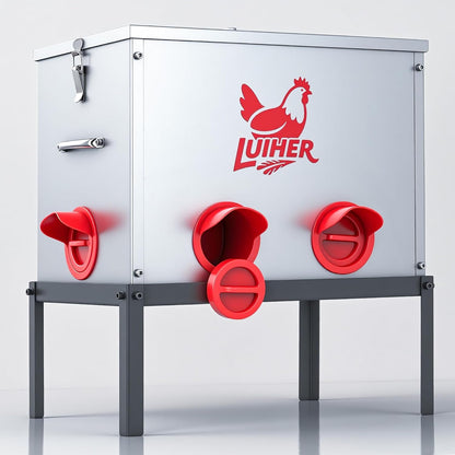 LUIHER 40lb 6 Chicken Food Dispenser Ports Large Capacity Galvanized Metal Poultry Feeder with Legs and Lids - Reduces