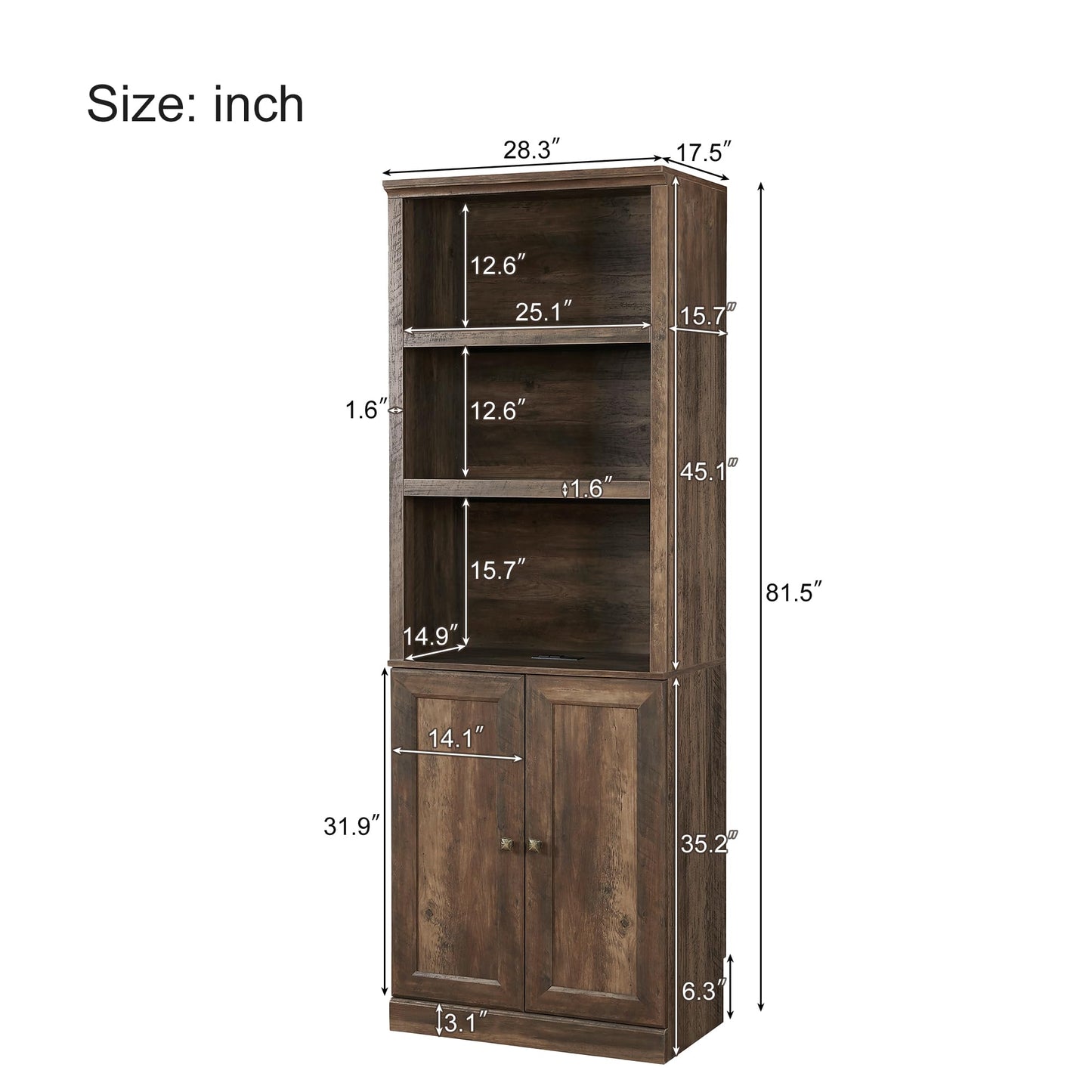 DiMorture 81" Tall Bookcase with USB Port, Wooden Book Cases Organizer with 3 Open Shelves and 2 Doors, Free-Standing Library Bookshelf Side Cabinet for Living Room, Bedroom (Brown)