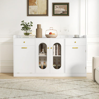 Giantex 55" Farmhouse Buffet Cabinet, Large Credenza w/Hidden Tilt Out Trash Can, 2 Glass Doors, 2 Drawers & Adjustable Shelves, Modern Sideboard Coffee Bar Cabinet for Kitchen, Dining Room (White)