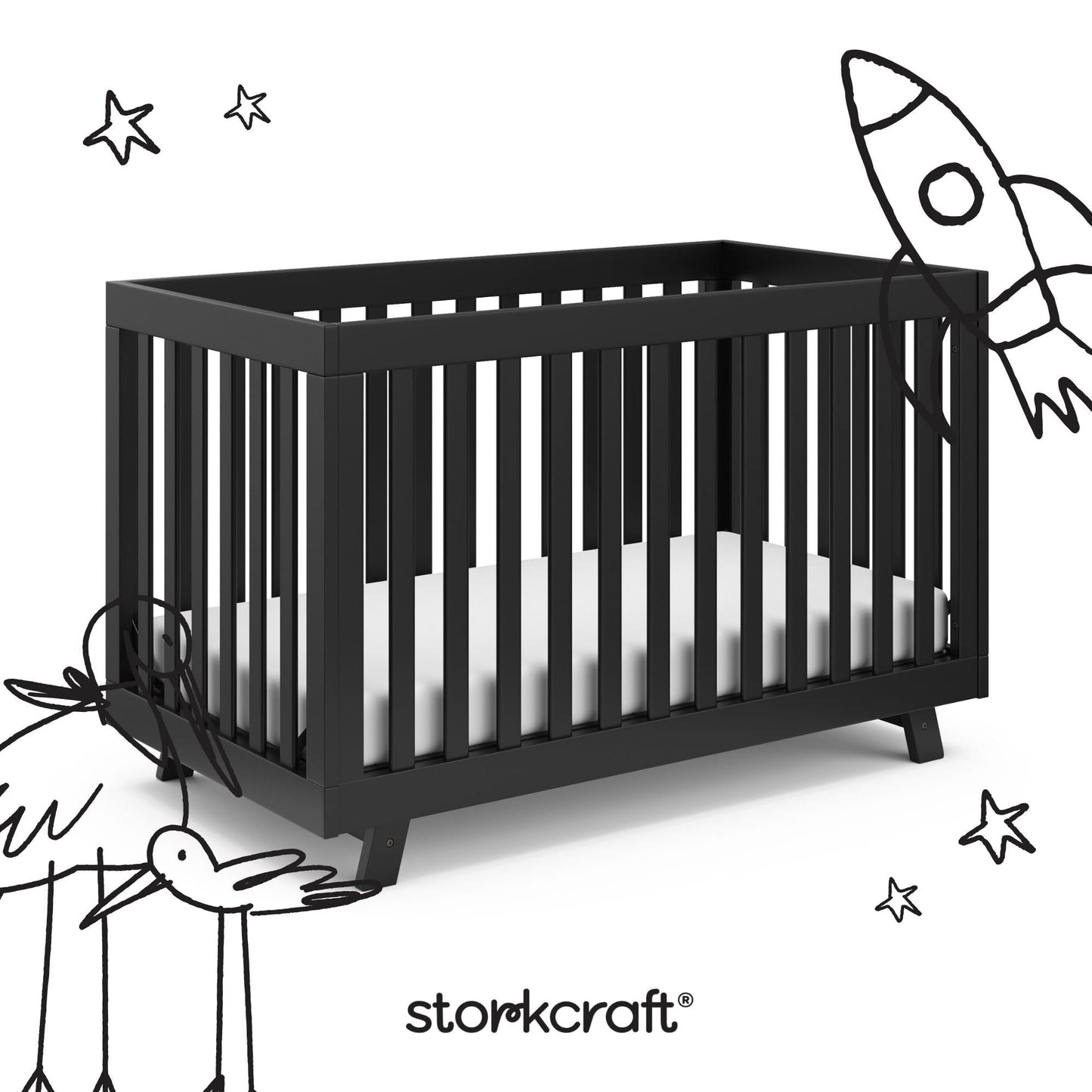 Storkcraft Beckett 3-in-1 Convertible Crib – GREENGUARD Gold Certified, Fits Standard Crib Mattress, Converts to Toddler Bed and Daybed, 4 Mattress Heights, Grow-with-Me Design (Black)