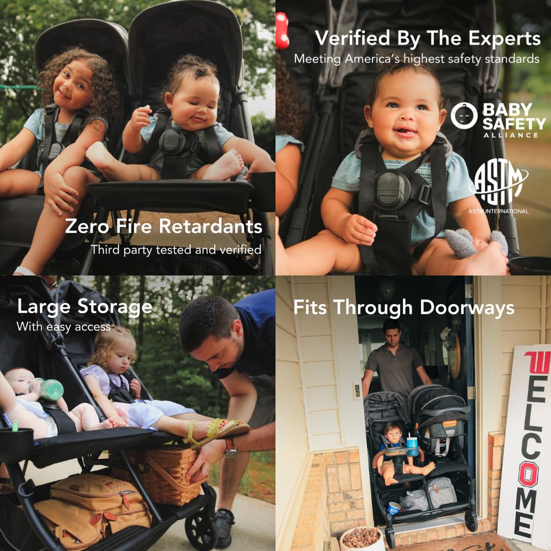 Strolee Lightweight Double Side by Side Stroller - 22 Lbs, 9.5" Compact Fold, Twin Nap Ready Seating, No Rethread Harness, Magnetic Buckle & Ultra Plush Seat 60Lb Max Per Seat- (v2 Black)