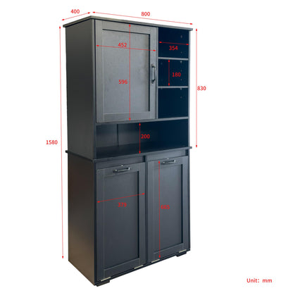 Roomfitters Tilt Out Laundry Hamper Cabinet with Hutch Modern Black Wooden Bathroom Storage Pantry Linen Tower, Black