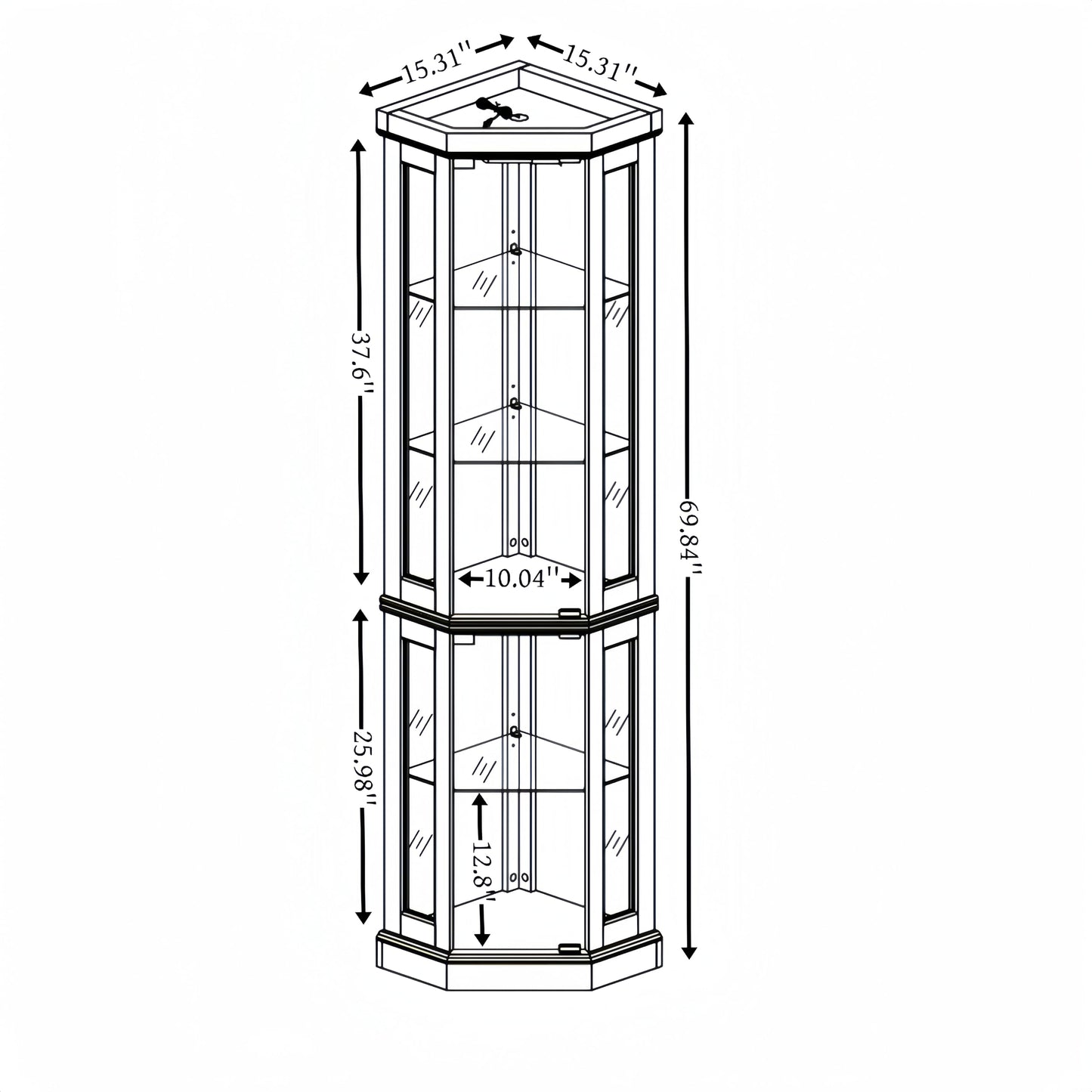 KEIKI 70" Corner Glass Display Cabinet with Adjustable Shelves, for Collectibles, Storage Curio Cabinet with Side-Hung Pane Doors, 5-Tier Showcase Display Case, Easy Assembly, for Living Room, Oak