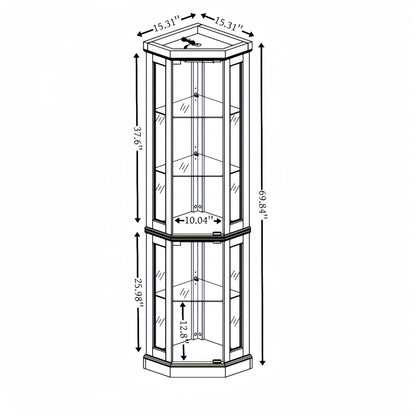 KEIKI 70" Corner Glass Display Cabinet with Adjustable Shelves, for Collectibles, Storage Curio Cabinet with Side-Hung Pane Doors, 5-Tier Showcase Display Case, Easy Assembly, for Living Room, Oak