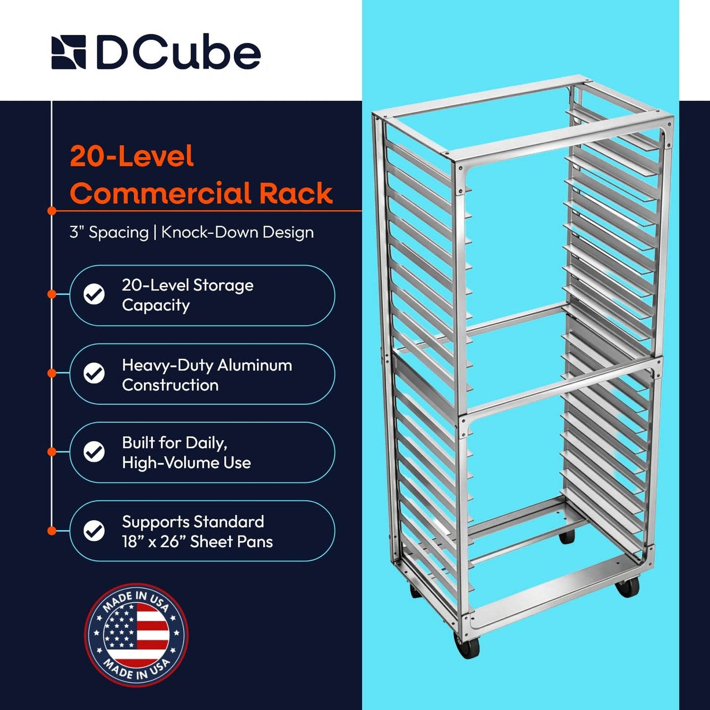 DCUBE 20 Level 3" Spacing Side Load, Commercial Aluminum Pan Rack, Heavy Duty Sheet Pan Rack, Electronics Industry Rack, Mobile Clean Room and Pharma Rack with Wheels, 20.5"x26"x 70"