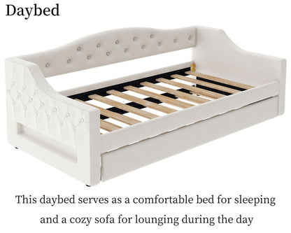 Merax Twin Size Linen Corner Daybed with Trundle and LED Belt, Upholstered Headboard Captain Bed Frames for Small Room, Bedroom, Guest Room, Kids' Room, White