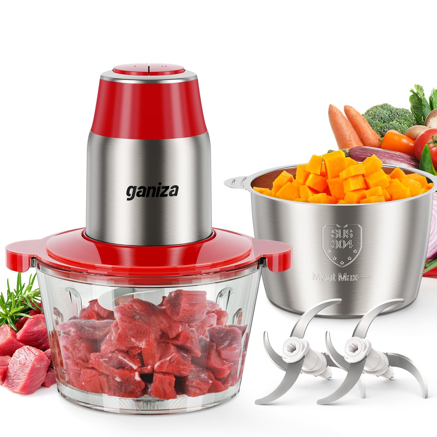 GANIZA Food Processors, Electric Food Chopper with Meat Grinder & Vegetable Chopper - 2 Bowls (8 Cup+8 Cup) with Powerful 450W Copper Motor - Includes 2 Sets of Bi-Level Blades (Red)