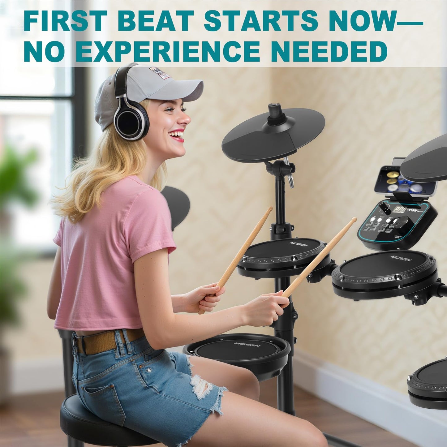 MOSEN MED-X5 Electric Drum Set Mesh Drum Pads, Phone Holder, Sticks, Adjustable cymbals, Kick drum, Headphones, USB MIDI, 260+ Sounds and 30 Drum Kits for Beginner