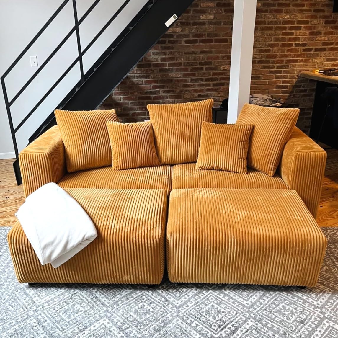 Acanva Corduroy Convertible Modular L Shaped Sectional Sofa, 4 Seater Free Combination Corner Couch, Convertible to DayBed, Wide Loveseat with Moveable Ottomans for Small Spaces, Sleeper Bed, Yellow