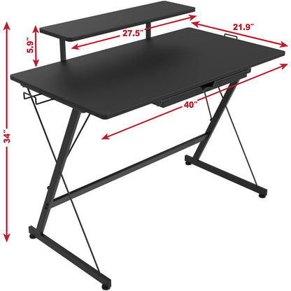 SHW 40-Inch Gaming Desk with Monitor Riser, Drawer and Hooks, Black