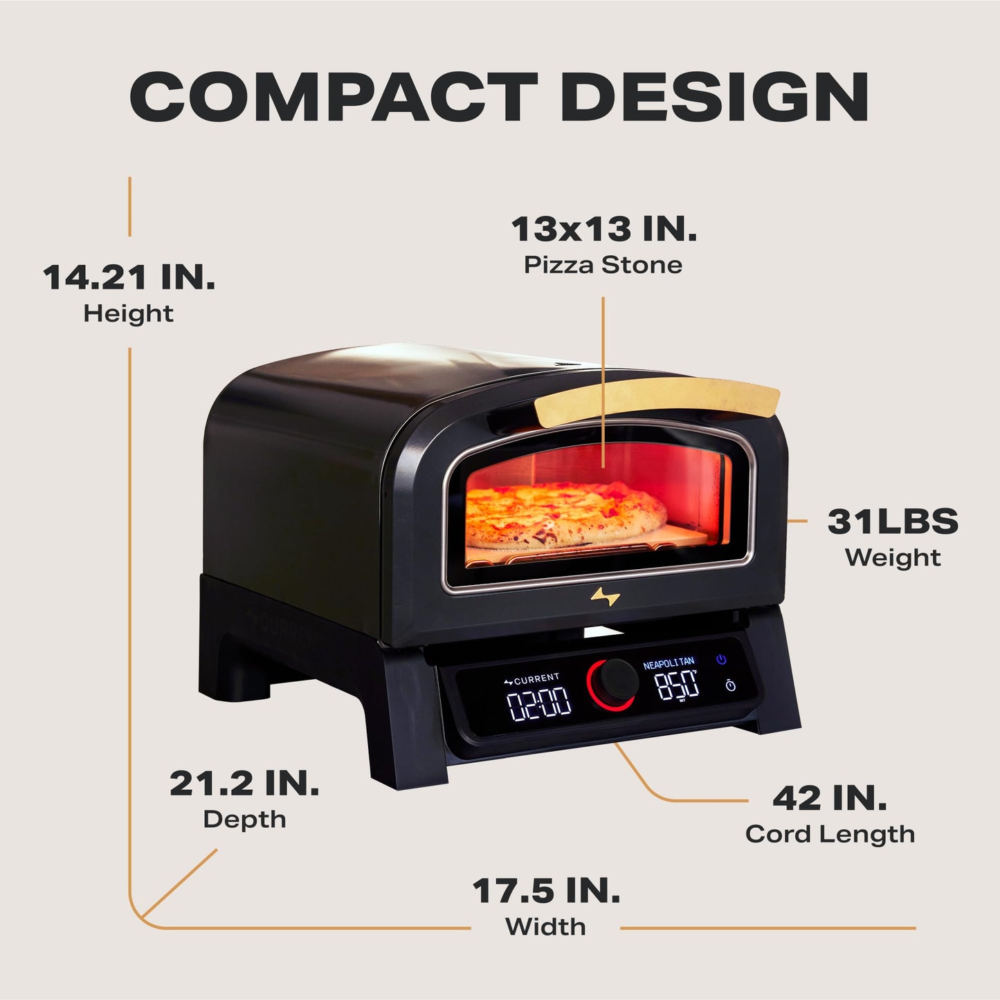 Current® Model P Smart Electric Pizza Oven, 12-Inch, 850°F Max, Multiple Cooking Modes, App Connectivity for Temperature Monitoring & Custom Cooking Times, Compact for Indoor & Outdoor Use, Slate