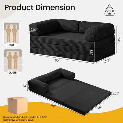 Erament Convertible Sofa Bed, Tri-Folding Mattress Queen Futon Couch Bed, Boneless Sleeper Couch Bed with Removable Armrests & Washable Cover for Guest Room, Living Room, Queen, Black