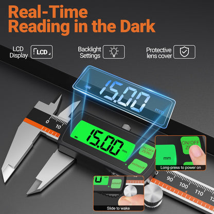 Digital Caliper, Type-C Rechargeable Stainless Steel Vernier Caliper, F/MM/in Conversion, Large LCD, USB Charging Digital Caliper Measuring Caliper for DIY, Woodworking & Professional Use (Black)