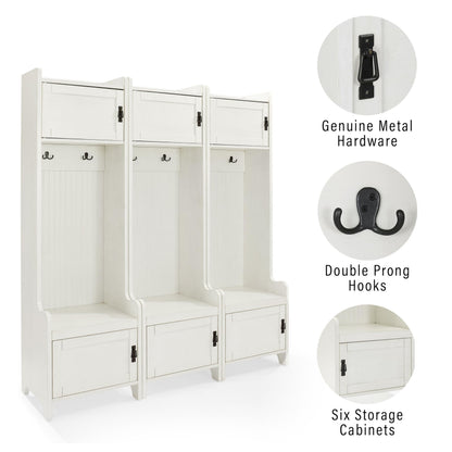 Crosley Furniture Fremont 3-Piece Hall Tree Entryway Set with Storage Cabinets and Coat Rack Hooks, Distressed White