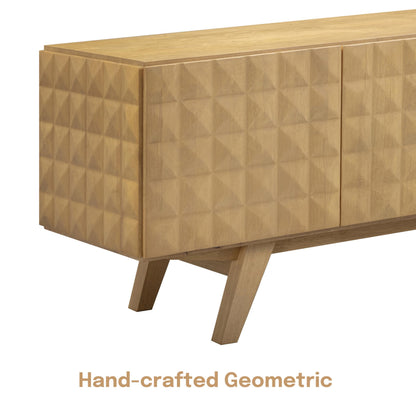 NTC Sapa Mid-Century Modern Solid Wood TV Stand 4-Door Media Console with Carved Geometric Fronts for TVs up to 75", Effortless Assembly, Sand