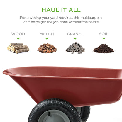 Best Choice Products Dual-Wheel Home Utility Yard Wheelbarrow Garden Cart w/Built-in Stand for Lawn, Gardening, Construction - Red