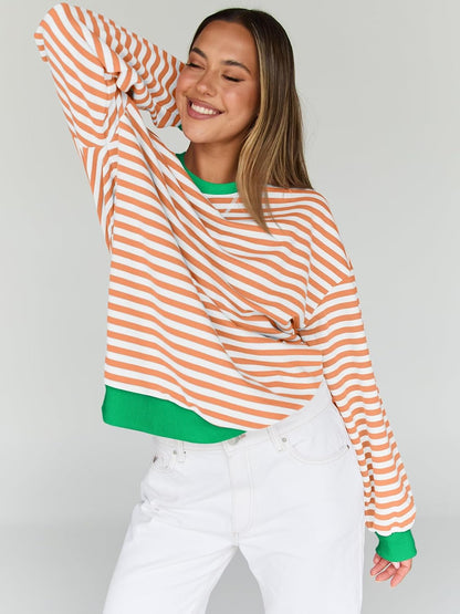 Trendy Queen Oversized Sweatshirt for Women 2025 Fall Crewneck Striped Long Sleeve Shirts Hoodies Cute Top Y2K Outfits