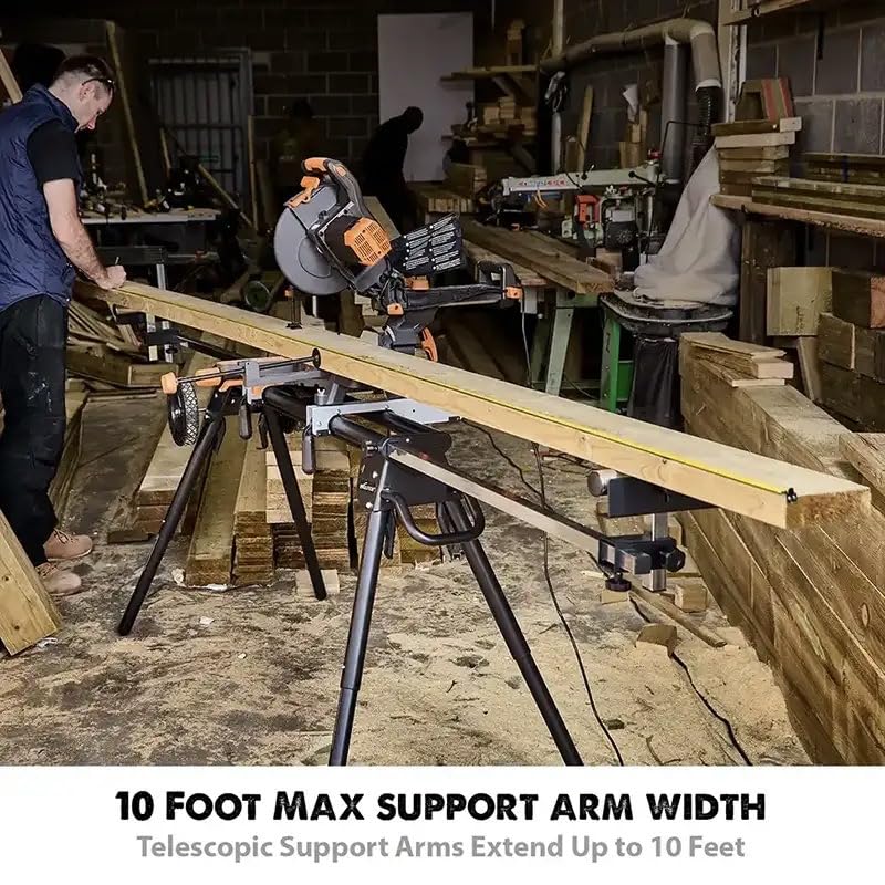 Evolution Power Tools Miter Saw Stand PLUS - Compact Folding Stand with Extendable Arms, Large Wheels, Universal Fittings for Most Brands Evolution, Makita, DeWalt, Bosch, Ryobi, Einhell and Metabo