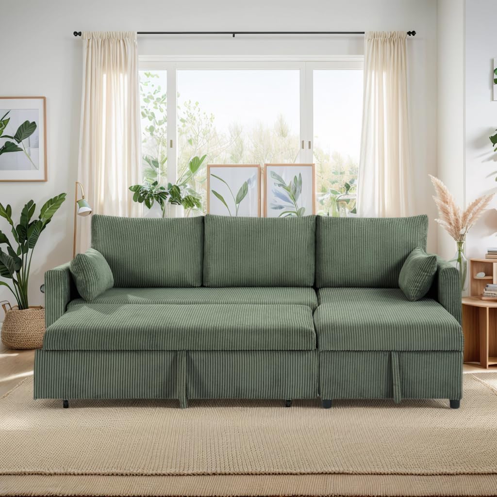 Trygoal Queen Sleeper Sofa, Convertible Sofa Bed with Storage, 85 Inch Sectional Couch with Pull Out Bed, L Shaped 3 Seat Sectional Sleeper Sofa for Living Room, Apartment, Green