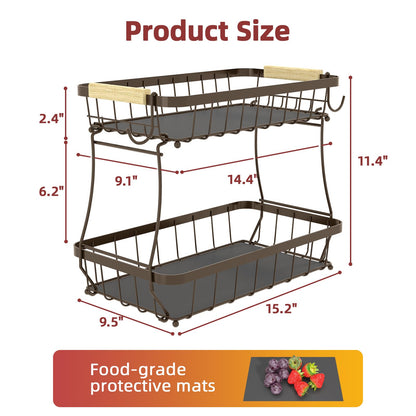 Sevenblue 2 Tier Large Fruit Basket for Kitchen Counter with 2 Mobile Banana Hangers, 2026 Pro Detachable Metal Fruit Bowl with Wooden Handle (Brown, 2 Tier Extra Large)