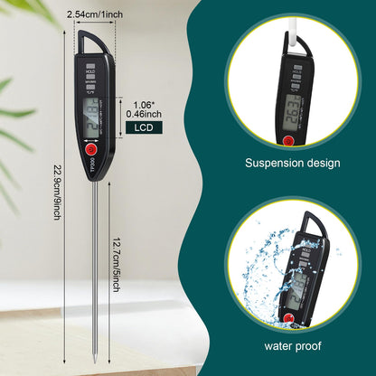 6 Pcs Instant Read Meat Thermometer with Long Probe 9.65 Inch Kitchen Cooking Food Candy Waterproof Digital Thermometer for BBQ Water Milk Yogurt Liquid (Round&Square Ring,Black,White,Red)