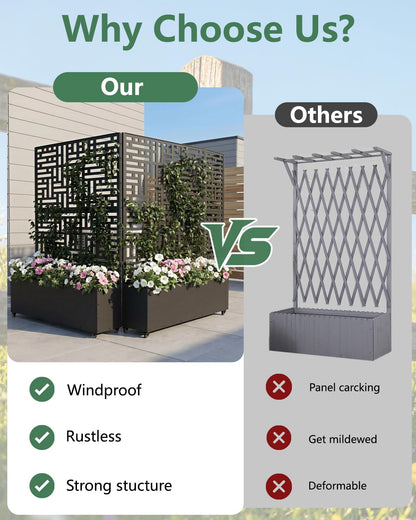 FOLAWO Metal Planter Box with Trellis,70.9"x47.2"x15.7" Raised Garden Bed with Drainage Holes, Privacy Planters for Outdoor Garden Bed for Climbing Plants,Vegetables,and Vines,2PCS,Black-Modular