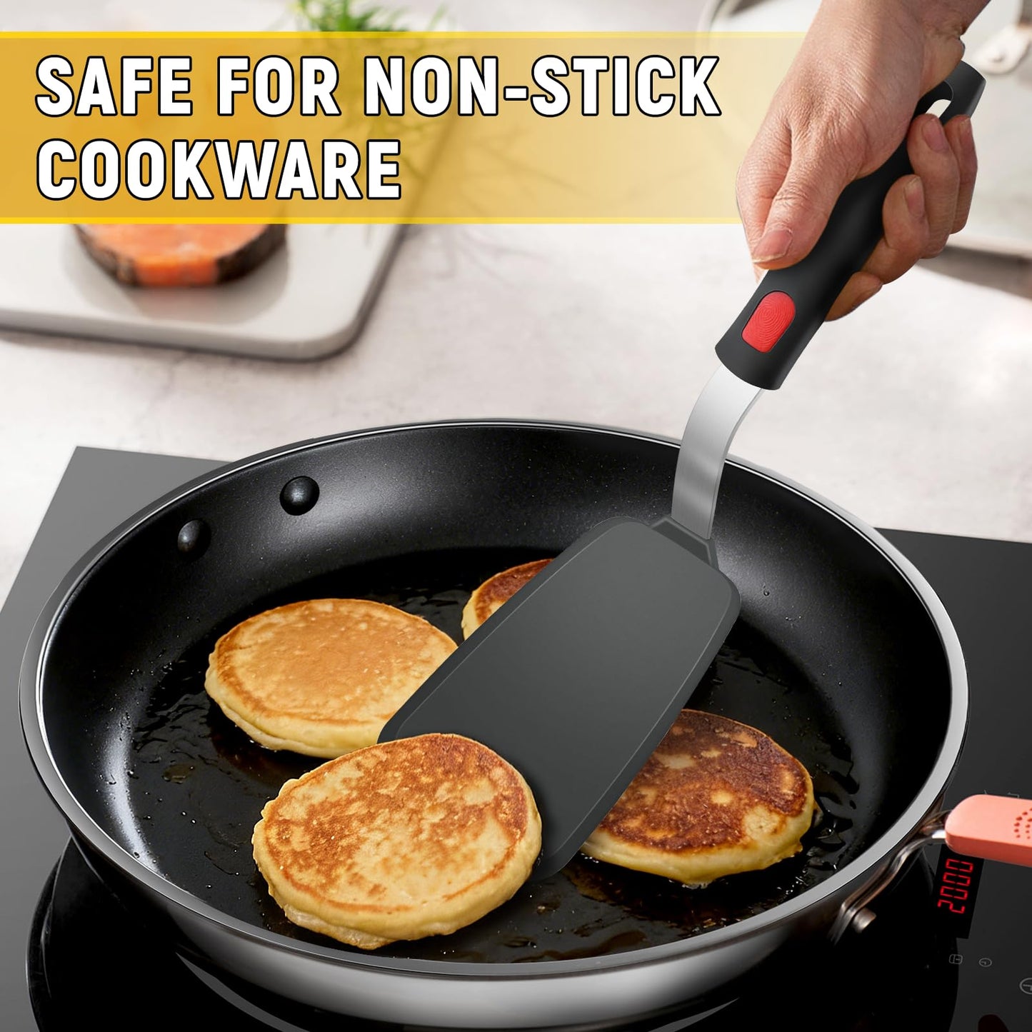 Flexible Silicone Spatula Turner, Heat Resistant Silicone Turner for Non-Stick Cookware, BPA-Free Food Grade Kitchen Spatula Utensils, Ideal for Flipping Eggs, Burgers, Pancakes, 11.8 x 2.4 in, Black