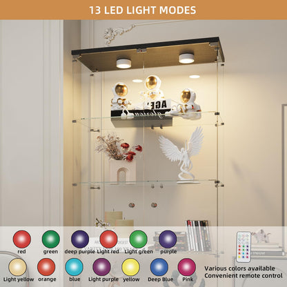 Beauty4U Glass Display Cabinet with Lights, 5 Shelves with 2 Doors, Curio Cabinets for Living Room, Bedroom, Office, Black Floor Standing Glass Bookshelf, Quick Installation