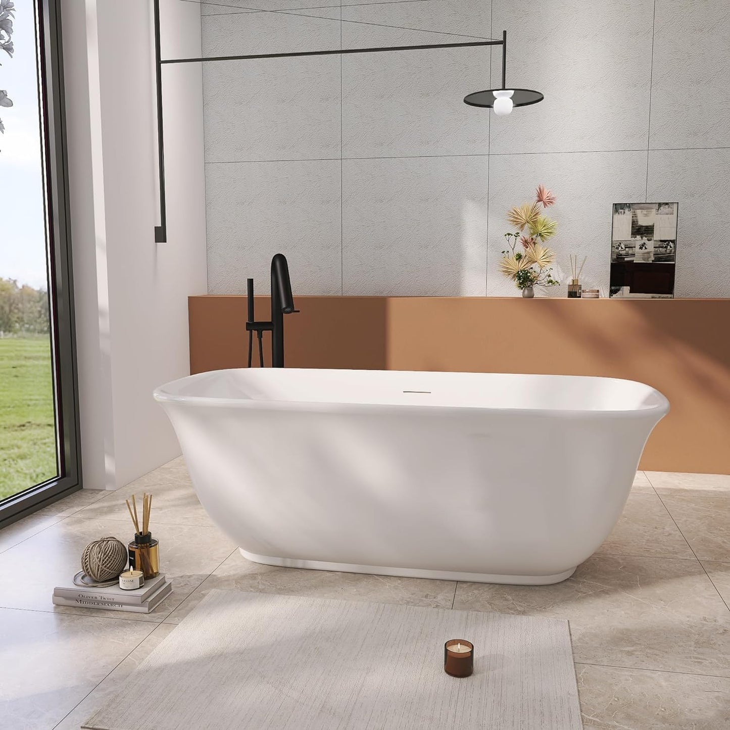Adecab 59" Acrylic Freestanding Bathtub, Soaking Tub for Bathroom, Stand Alone Tub, cUPC Certified, Integrated Overflow and Drain, Gloss White
