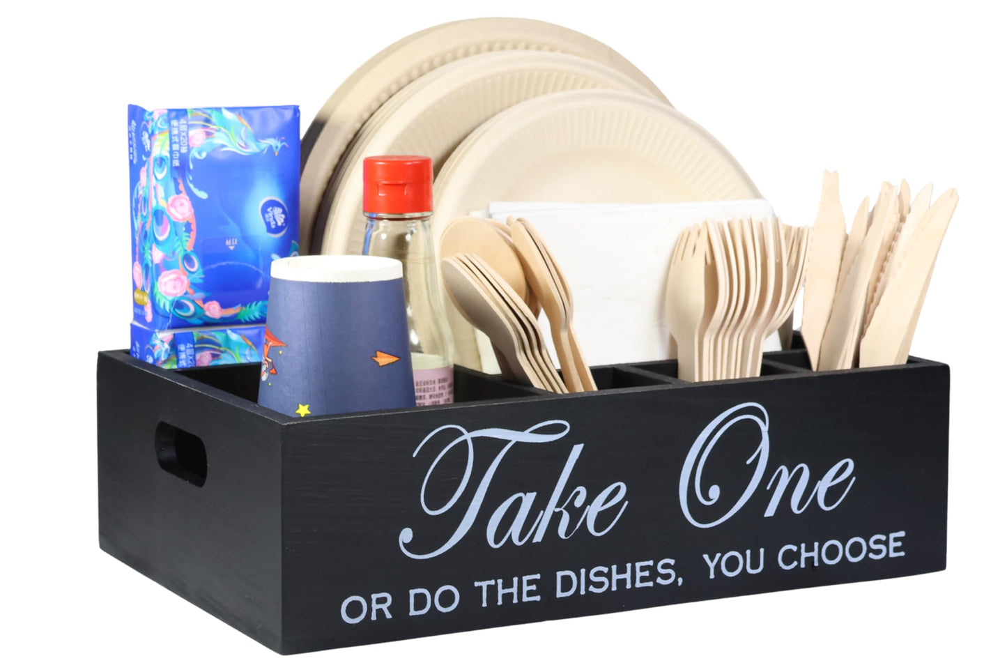 Rehuei Paper Plate Holder Utensil Caddy Organizer - Rustic Wood Disposable Plate Dispenser with Handles for Cups, Forks, Spoons, Napkins and Silverware Holders (kong paper plate holder)