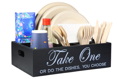 Rehuei Paper Plate Holder Utensil Caddy Organizer - Rustic Wood Disposable Plate Dispenser with Handles for Cups, Forks, Spoons, Napkins and Silverware Holders (kong paper plate holder)