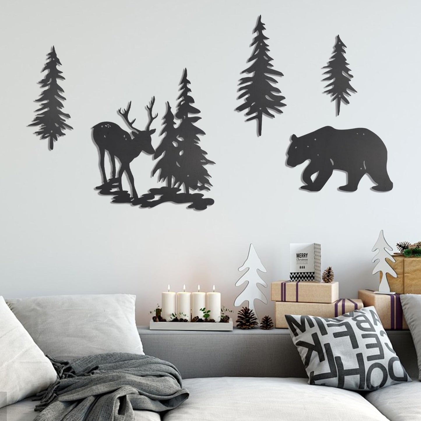 OYEFLY 5 Pieces Deer Bear Pine Tree Wall Decor,Rustic Wood Art Wall Decor (Black)