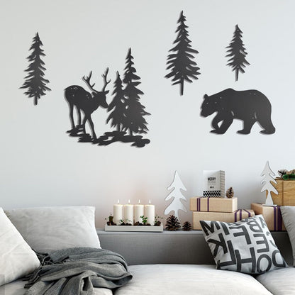 OYEFLY 5 Pieces Deer Bear Pine Tree Wall Decor,Rustic Wood Art Wall Decor (Black)