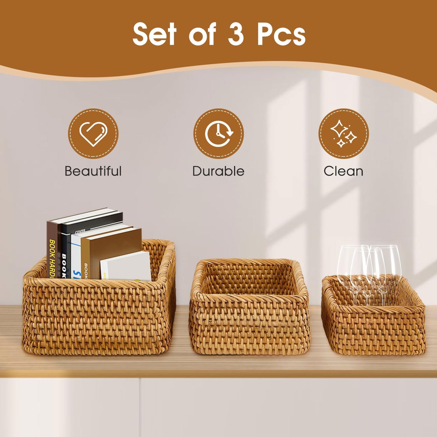 Whalehub Natural Rectangular Rattan Storage Baskets (Set of 3), Hand Woven Food and Fruit Serving Baskets, Wicker Organizer for Living Room, Bedroom, Kitchen