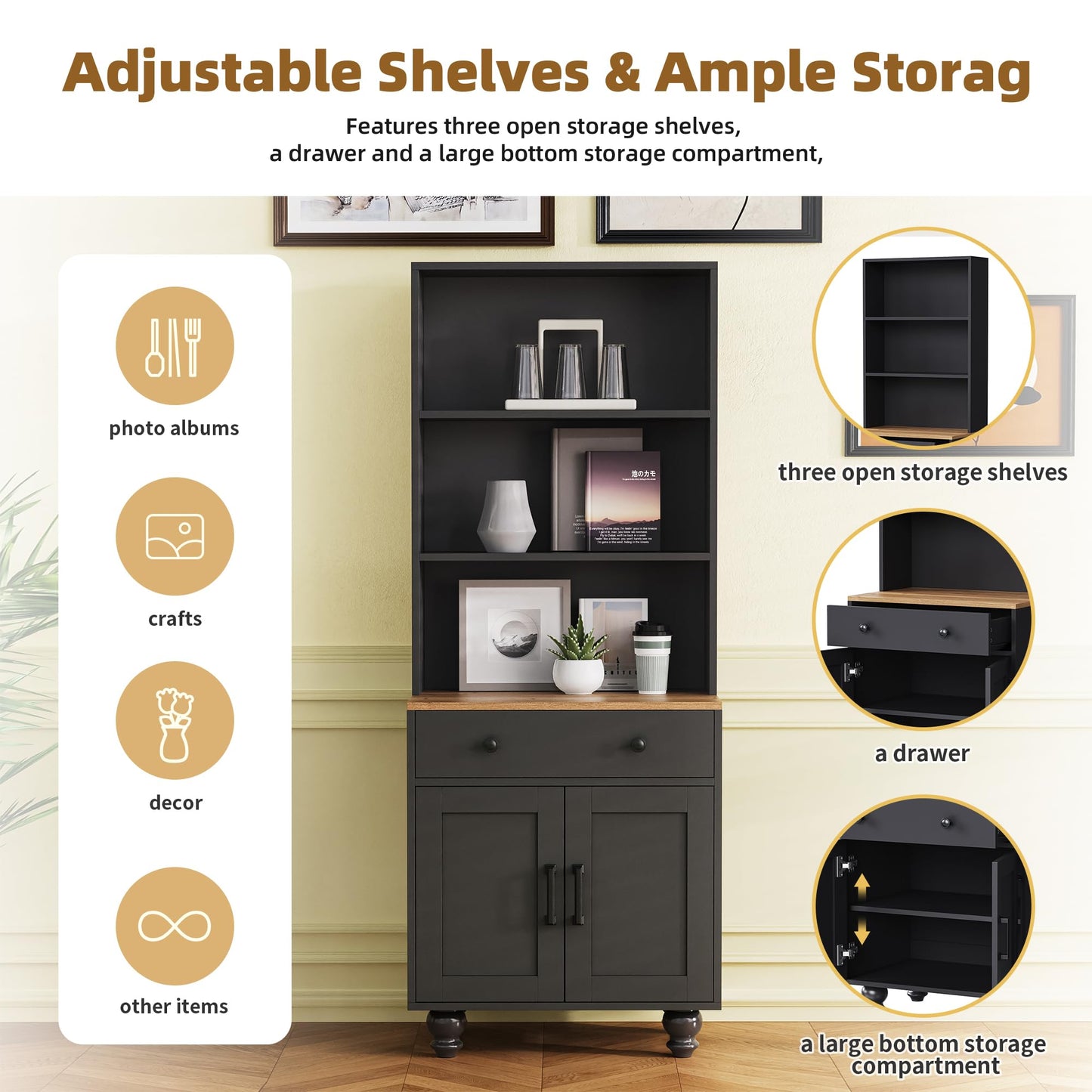 Farmhouse TV Stand with Tempered Glass Doors for TVs Up to 70", Versatile Sideboard with Adjustable Shelves, Elegant Buffet Cabinet with 5 Solid Wood Gourd-Shaped Legs for Living Room, Black