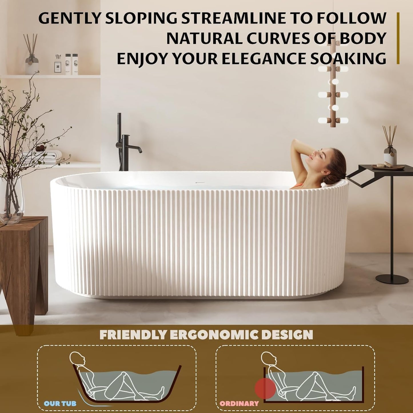 59" Acrylic Freestanding Bathtub, White Soaking Tub with Non-Slip Base, cUPC Certified Free Standing Tub, Chrome Drain Bath Tub, Modern Tub for Bathroom